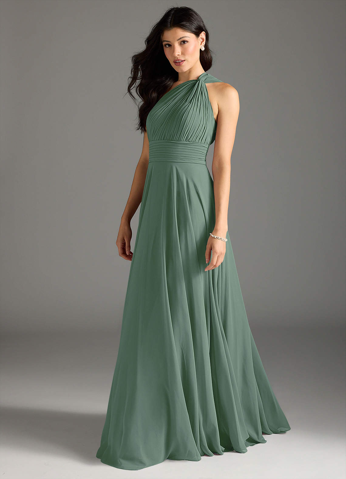 Azazie Charlize Bridesmaid Dresses Eucalyptus A-Line One Shoulder Chiffon Dress image3