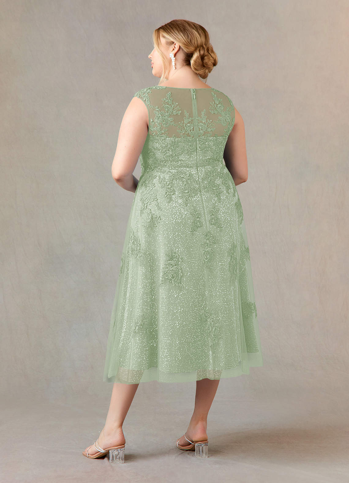 Azazie Flynn Mother of the Bride Dresses Dusty Sage A-Line Boatneck Lace Tulle Dress image8