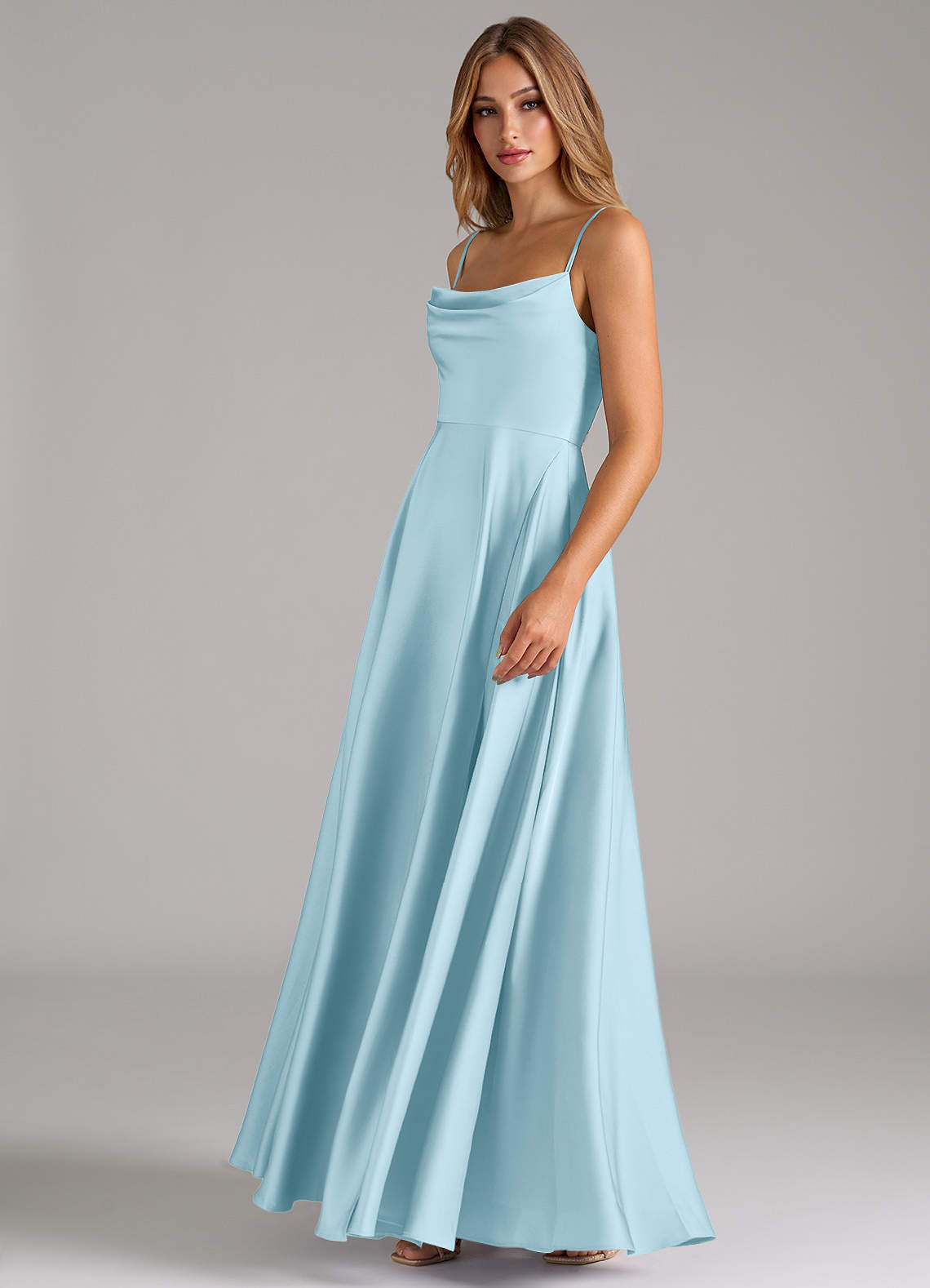 Azazie Elle Vestidos de damas de honor Vestido de Azul Cielo de Satén Elástico de Corte en A con Plisado image5