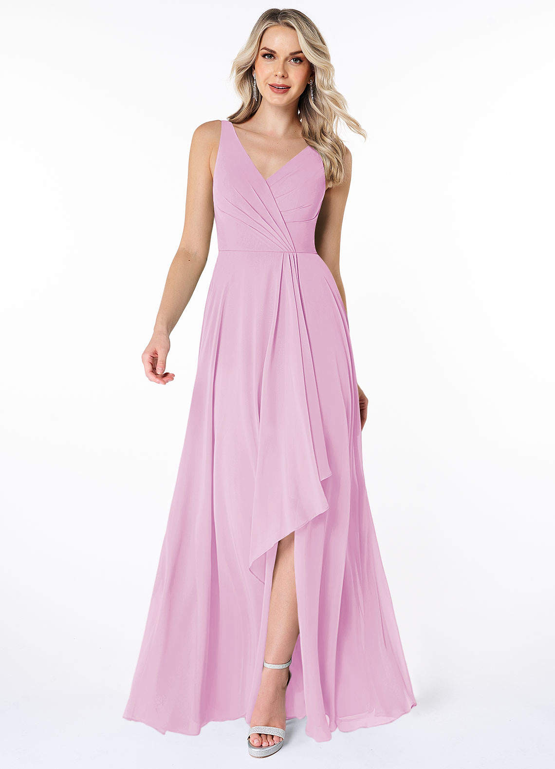 Azazie Calvi Brautjungfernkleider A-Linie Gestreift Chiffon Kleid Bonbonrosa image1