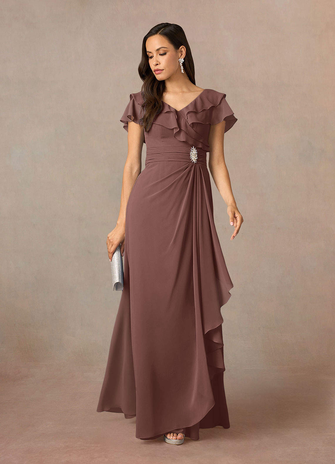 Azazie Snapdragon Kleider für die Brautmutter A-Linie V-Hals Gerüscht Chiffon Kleid Espresso image1