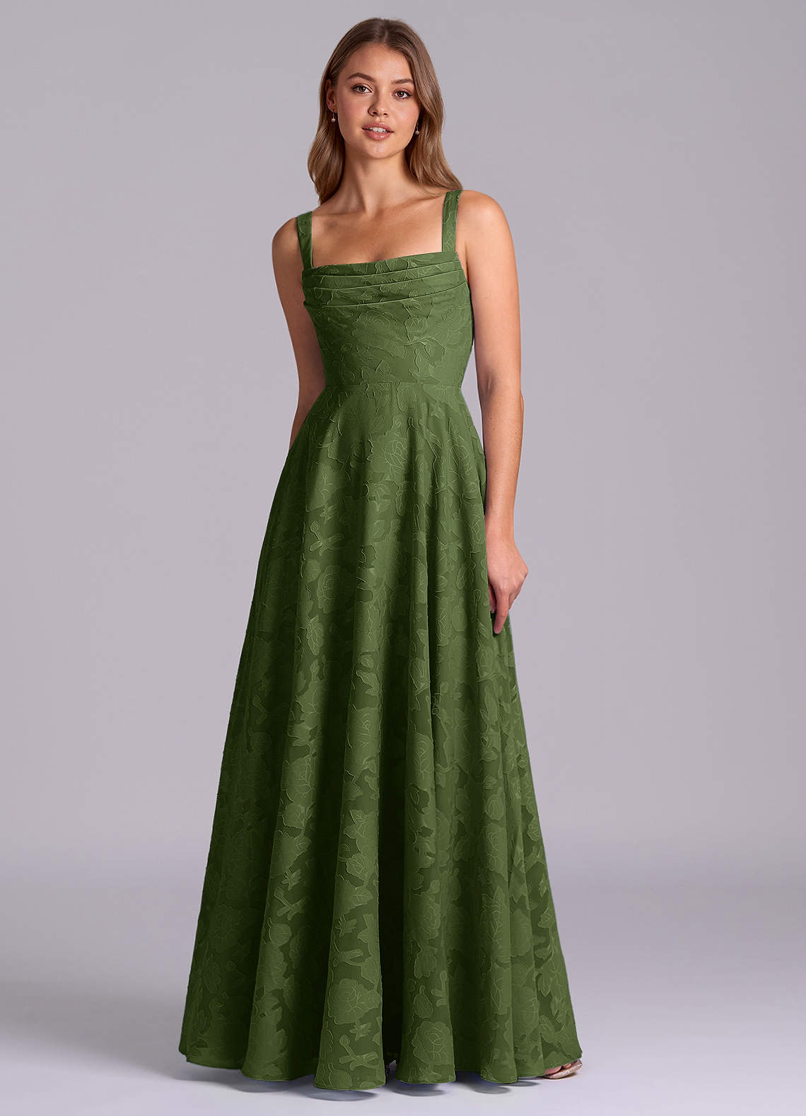 Azazie Shaude Bridesmaid Dresses Olive A-Line Pleated Floral Burnout Dress image5
