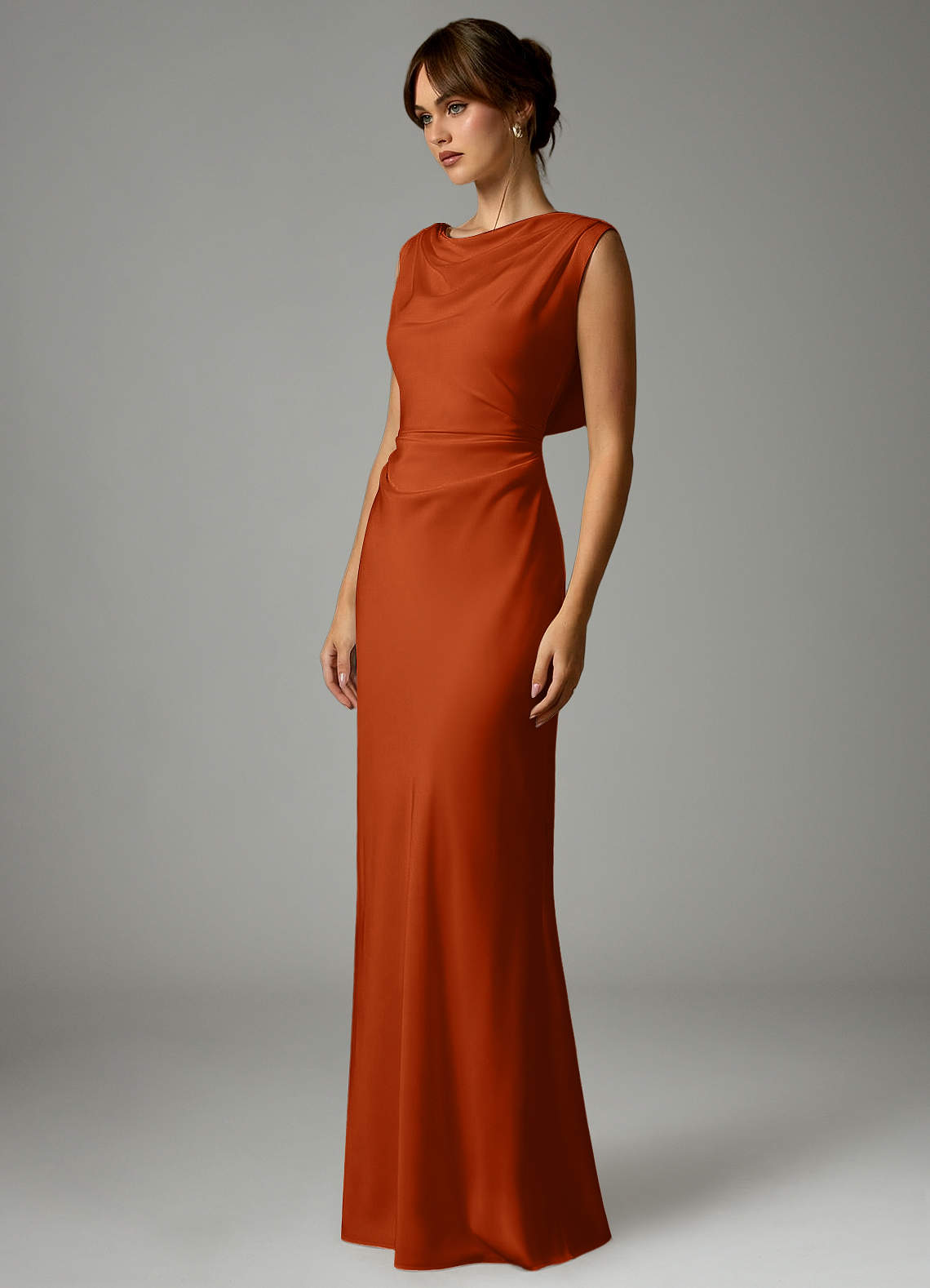 Azazie Kieryn Bridesmaid Dresses Burnt Orange Mermaid Pleated Stretch Satin Dress image2