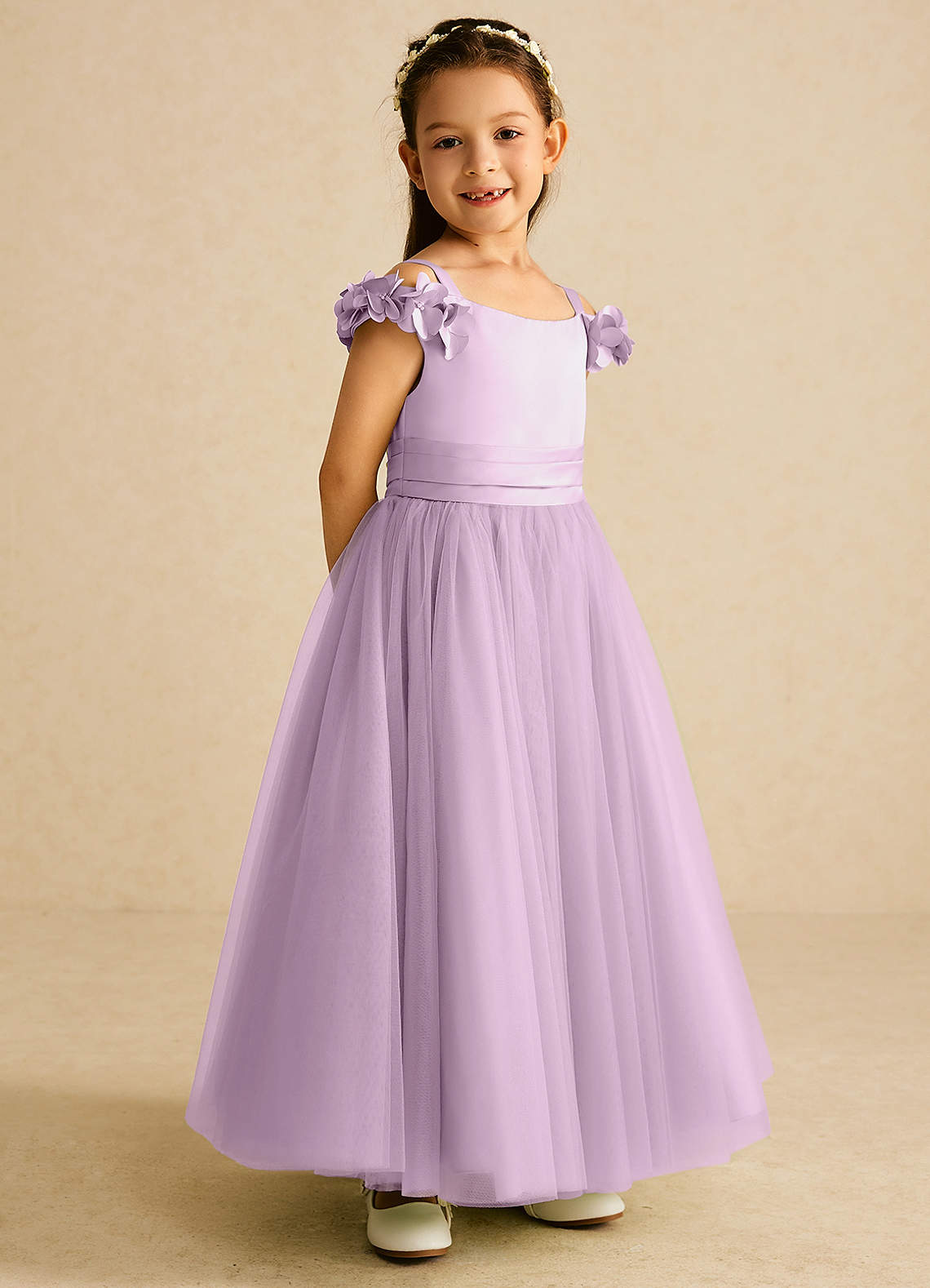 Azazie Jujube vestidos de niña de las flores Vestido de Glicinia de Tul de Corte En A con Perla image1