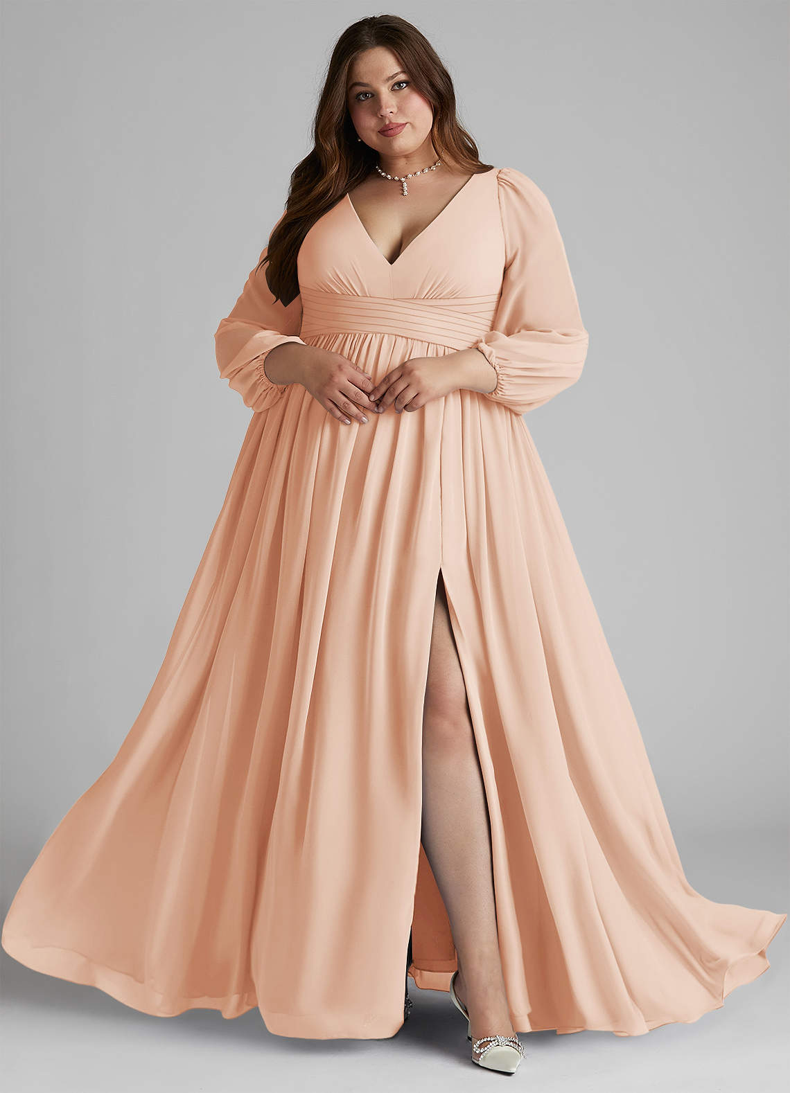 Azazie Norah Bridesmaid Dresses English Rose A-Line V-Neck Long Sleeve Chiffon Dress image7