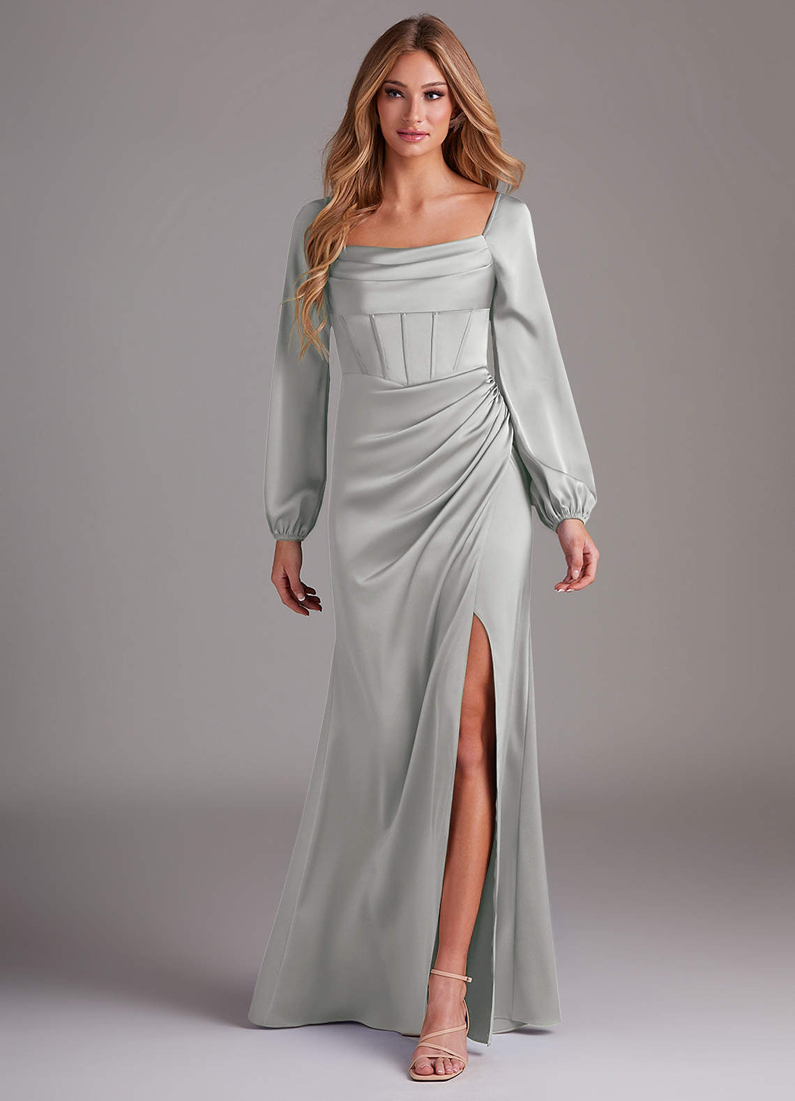 Azazie Sheath Cowl Long Sleeve Floor-Length Stretch Satin Bridesmaid Dresses - Silver