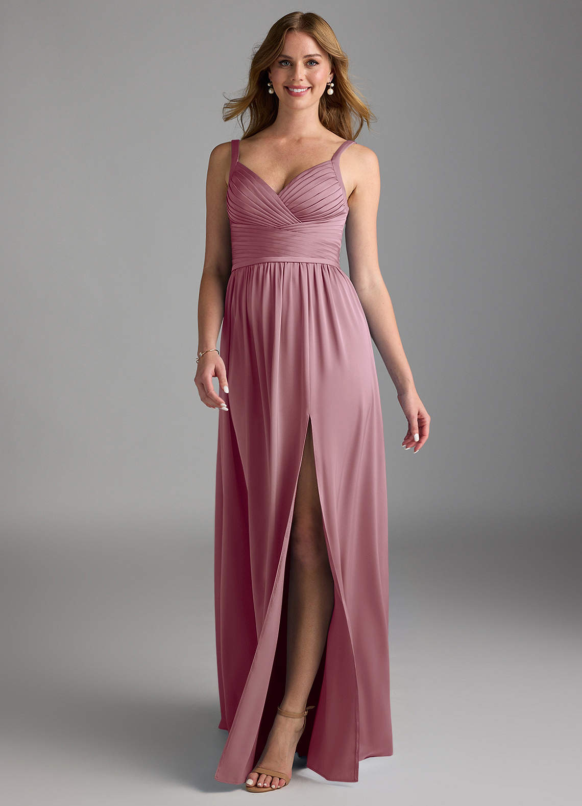 Azazie Chanel Bridesmaid Dresses Vintage Mauve A-Line Pleated Stretch Satin Dress image1