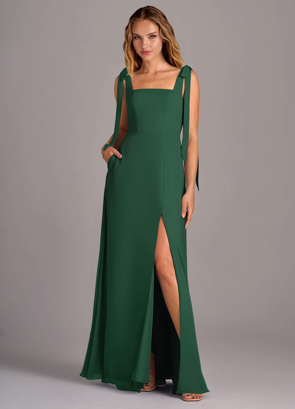 Azazie Debra Brautjungfernkleider Wandelbar A-Linie mit Taschen Chiffon Kleid Dunkelgrün image1