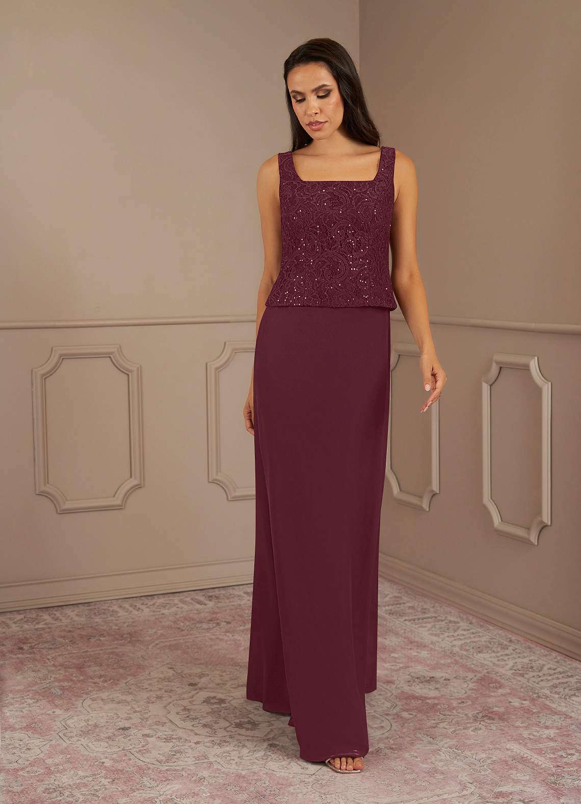 Satin Knee-Length Sheath Square Neckline Dress Taupe main image 1