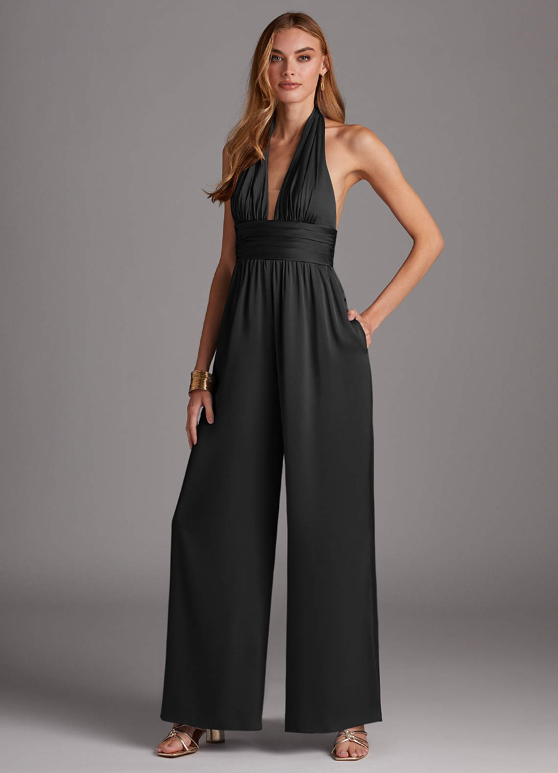 Azazie Oli Stretch Satin Jumpsuit Black Bridesmaid Dresses | Azazie