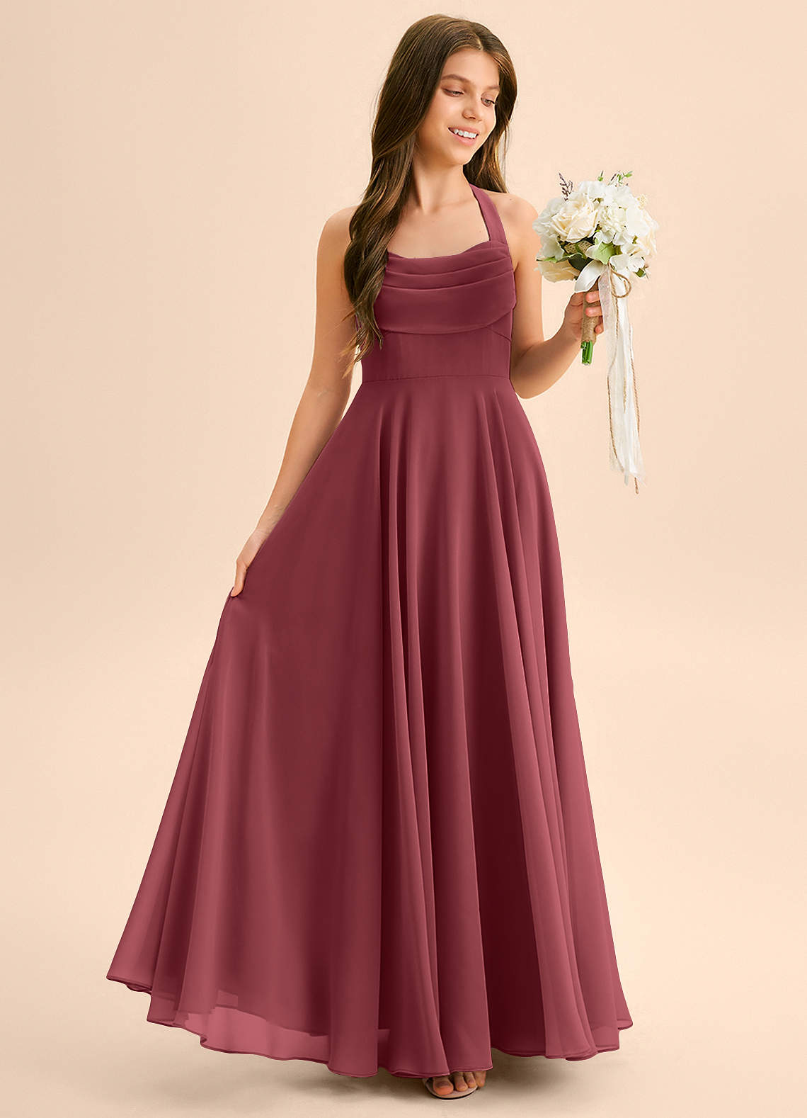 Azazie Kady Junior Vestido Merlot de Chiffon de Linha A com Decote em coração image4