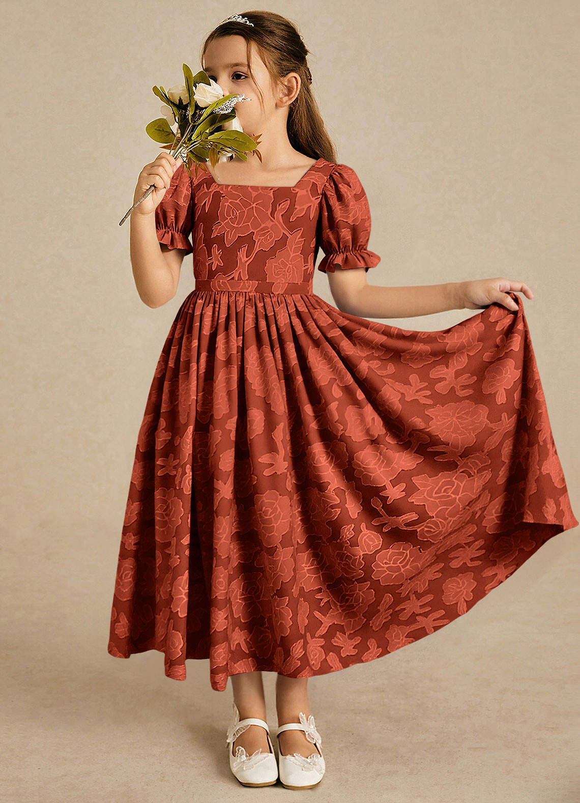 Azazie Joss Flower Girl Dresses Auburn A-Line with Sleeves Floral Burnout Dress image1