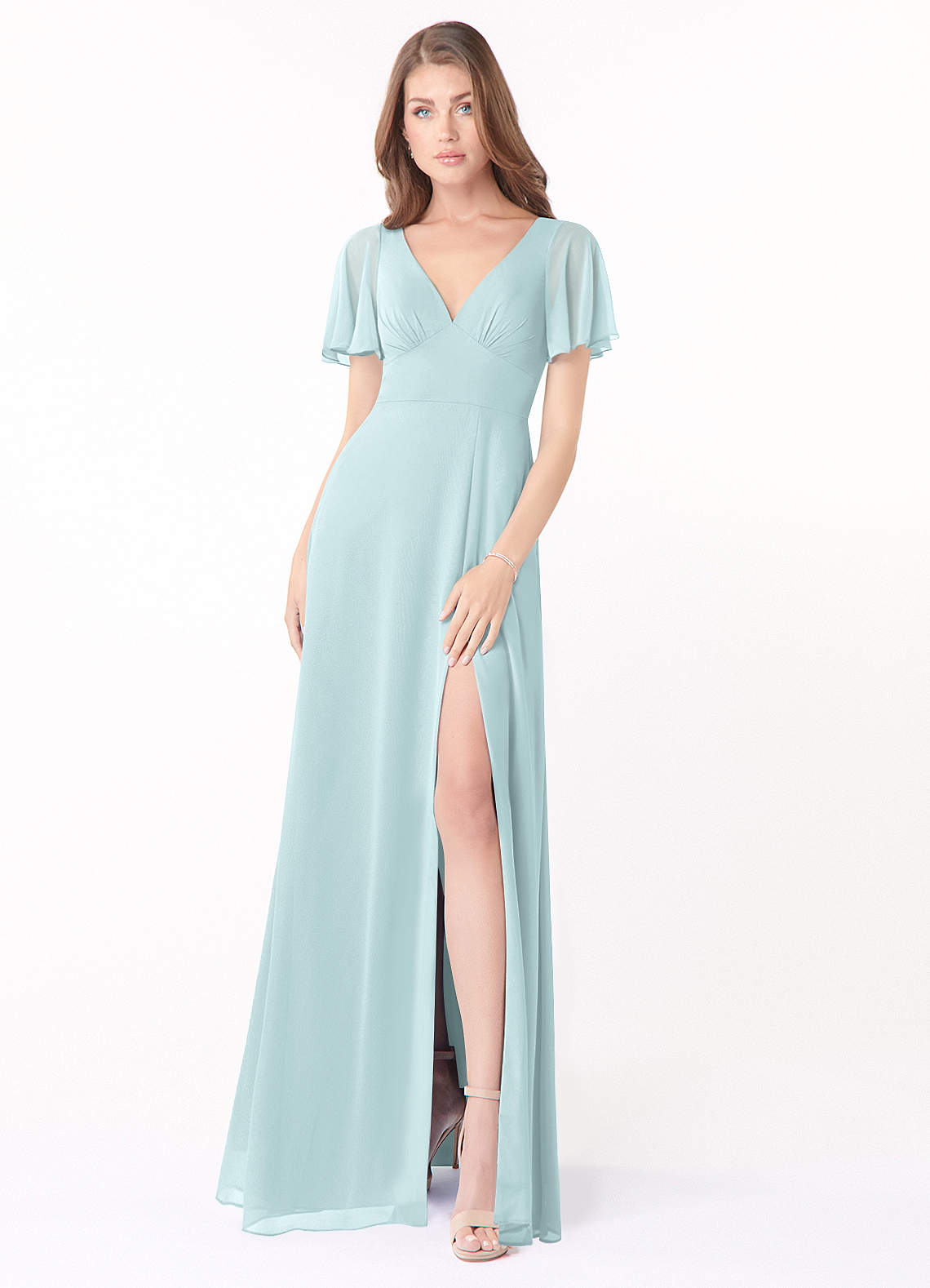 Azazie Kimber Brautjungfernkleider A-Linie Volantärmel Chiffon Kleid Nebel image1