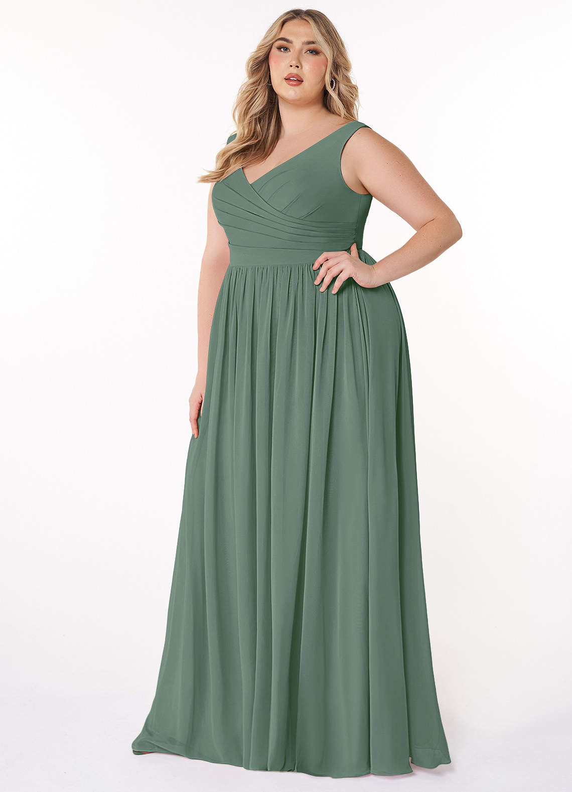 Azazie Keyla Bridesmaid Dresses Eucalyptus A-Line V-Neck Pleated Chiffon Dress image7