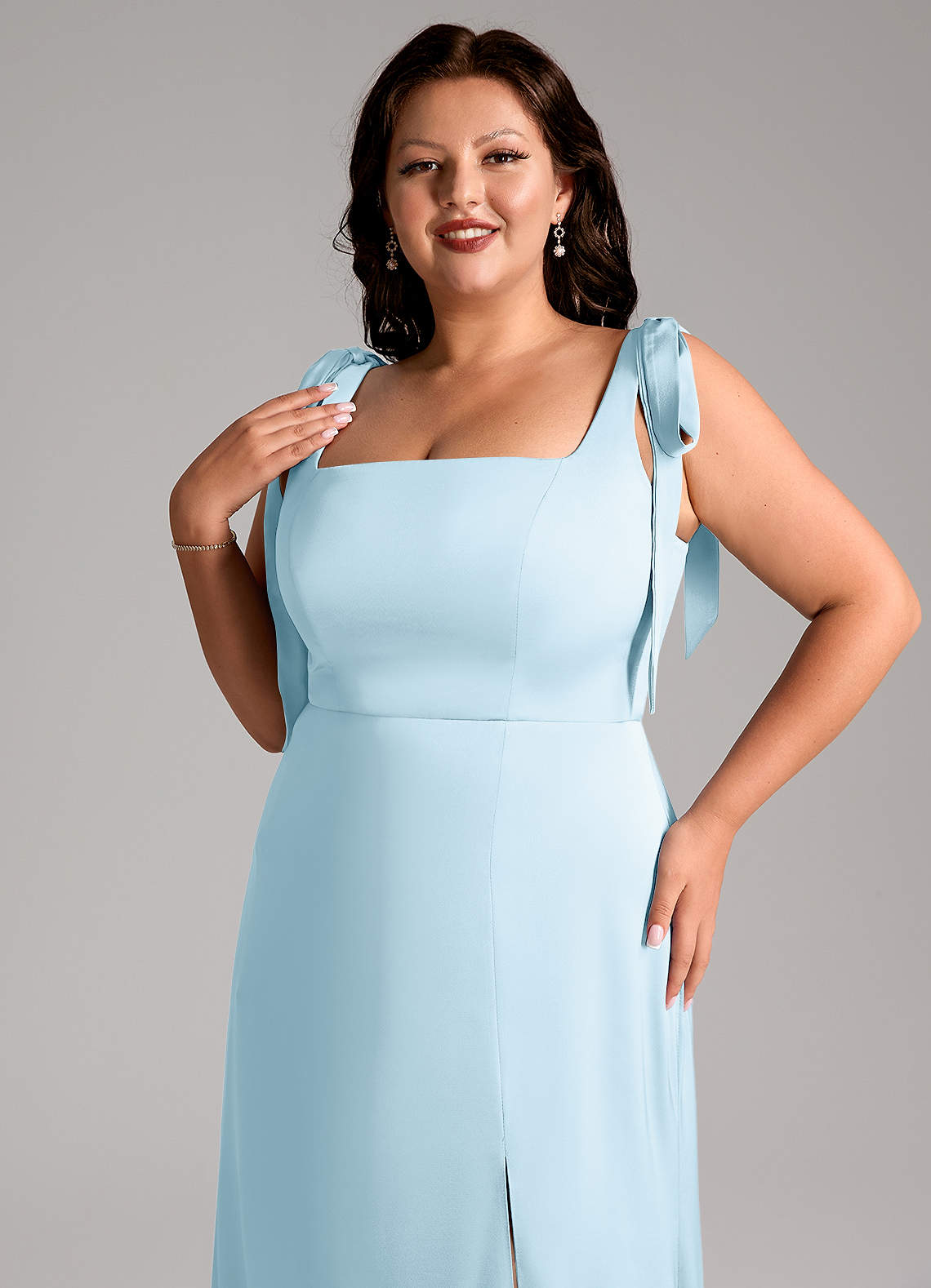 Azazie Frostine Bridesmaid Dresses Sky Blue A-Line Bow Stretch Satin Dress image11