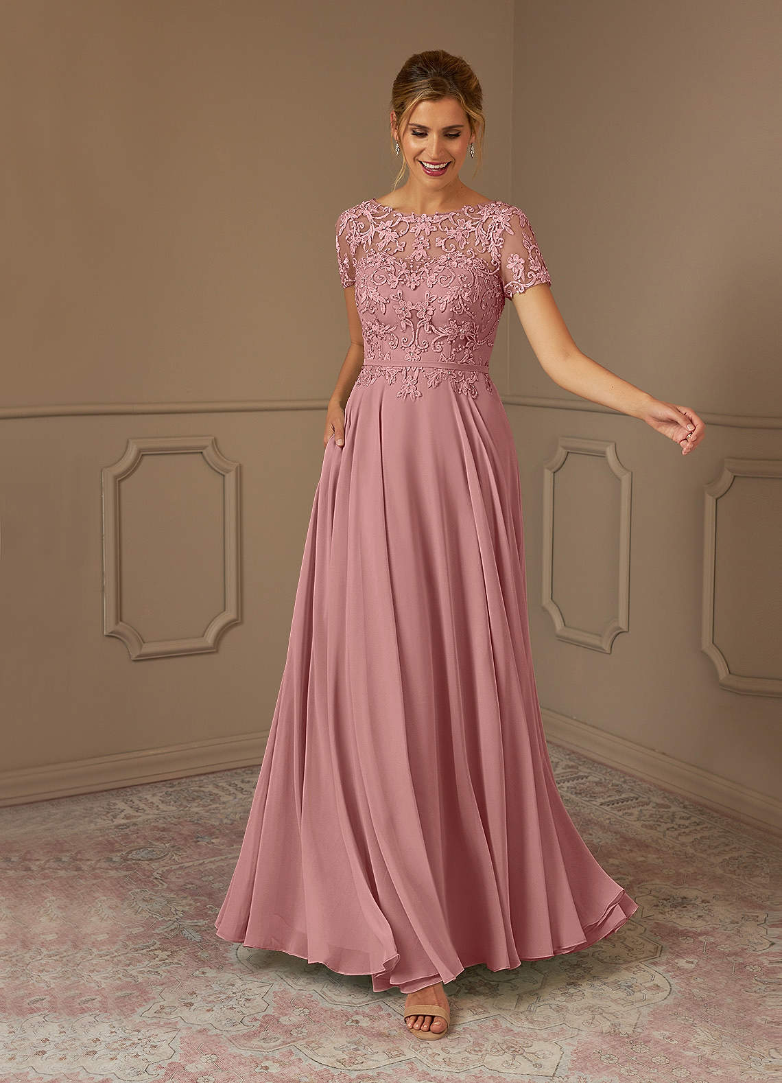 Azazie Adina Mother of the Bride Dresses Dusty Rose A-Line Boatneck Sequins Chiffon Dress image1