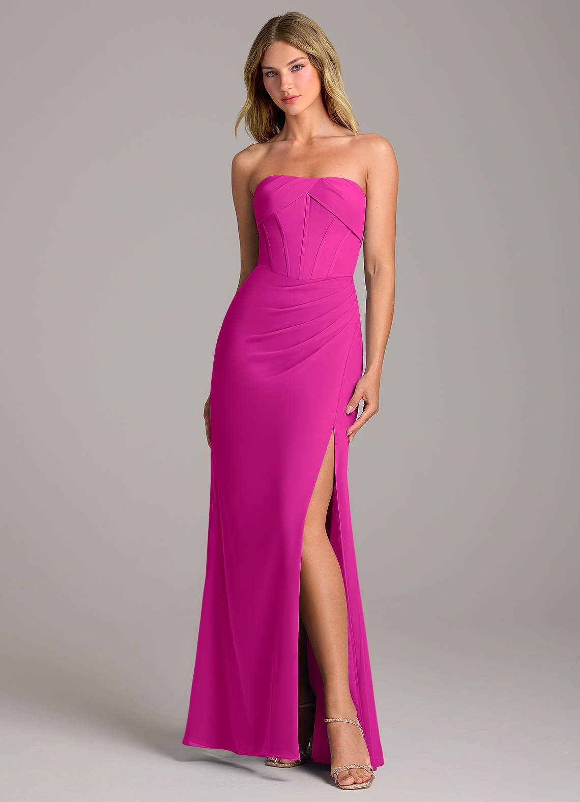 fuchsia bridesmaid dresses Rosemary Graceful V Neck Ruched Maxi Sheath Chiffon Bridesmaid Dresses, Fuchsia main image 0