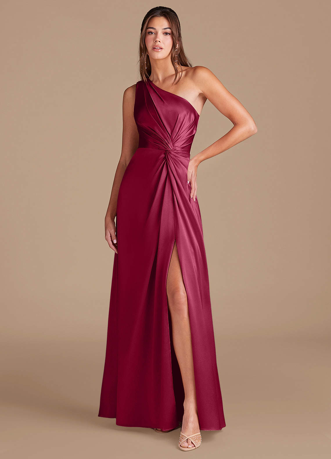 Azazie Brooke Bridesmaid Dresses Burgundy A-Line One Shoulder Metallic Satin Dress image1