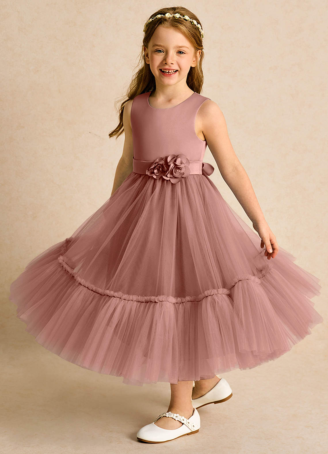 Azazie Miracle vestidos de niña de las flores Vestido de Rosa De Cedro de Satin Mate de Corte En A con Lazo image3
