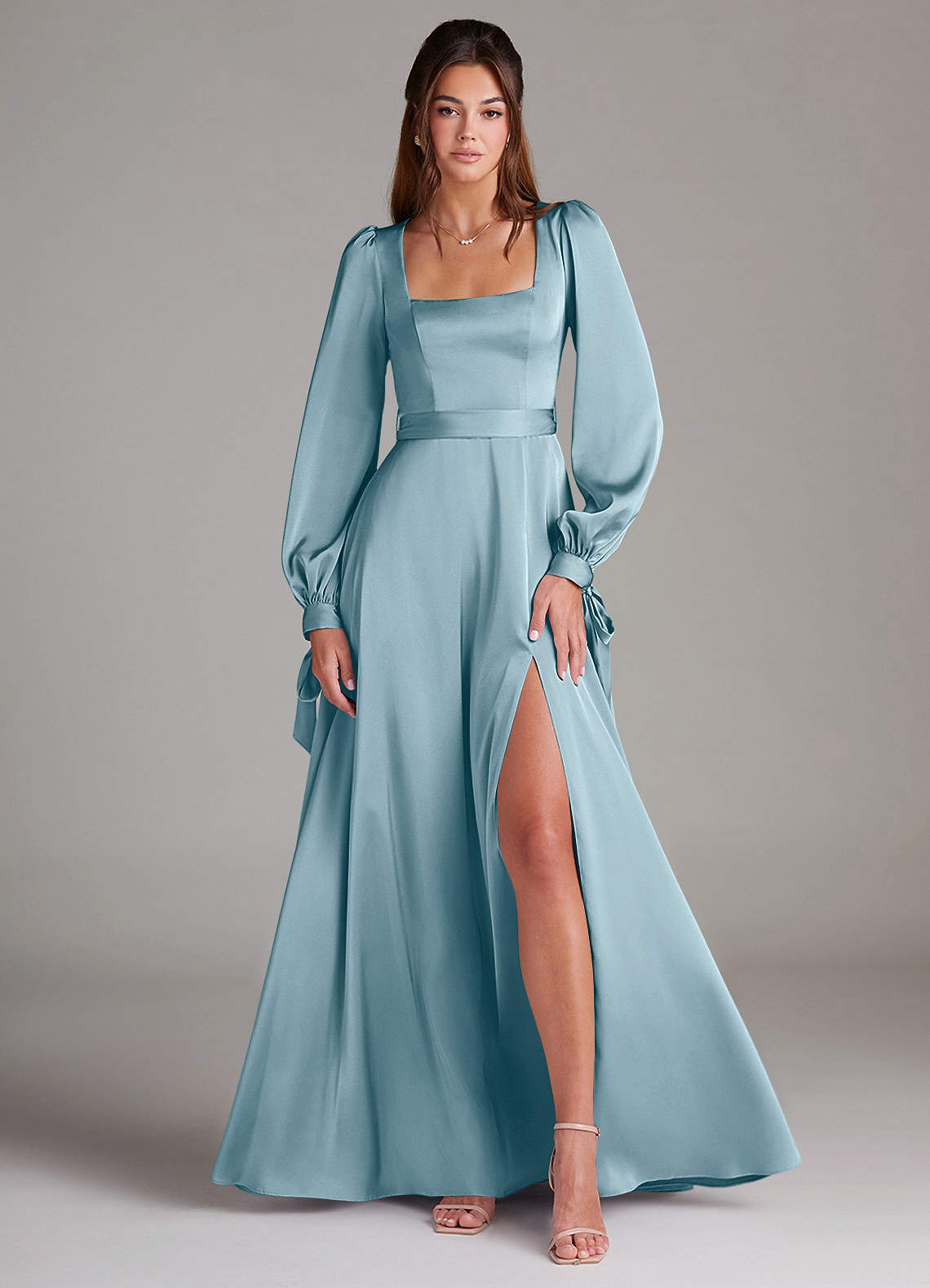 Azazie Leonia Bridesmaid Dresses Moody Blue A-Line Long Sleeve Stretch Satin Dress image1