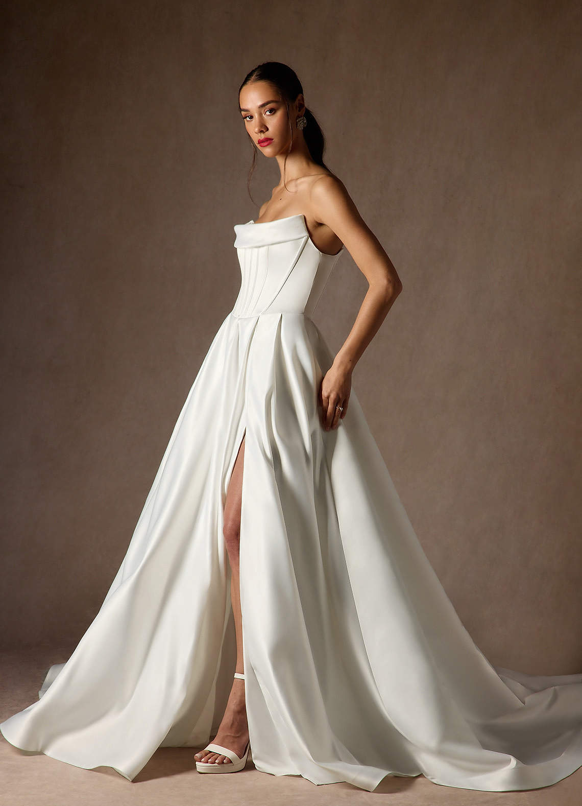 Azazie Katalina At-home Try On Dresses Diamond White Ball-Gown Strapless Satin Dress image5