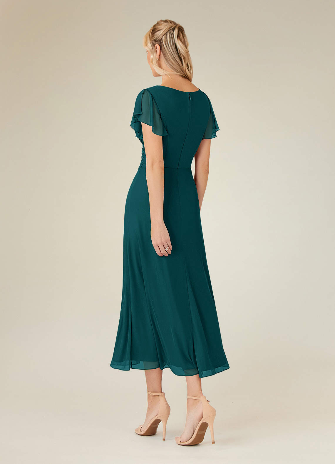 Azazie Vera Peacock ALine VNeck Pleated Mesh Dress Azazie