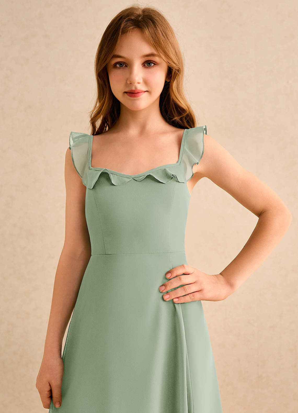 Azazie Chip Junior Formal Flower Girl Dresses Dusty Sage A-Line Sleeveless Chiffon Dress image5