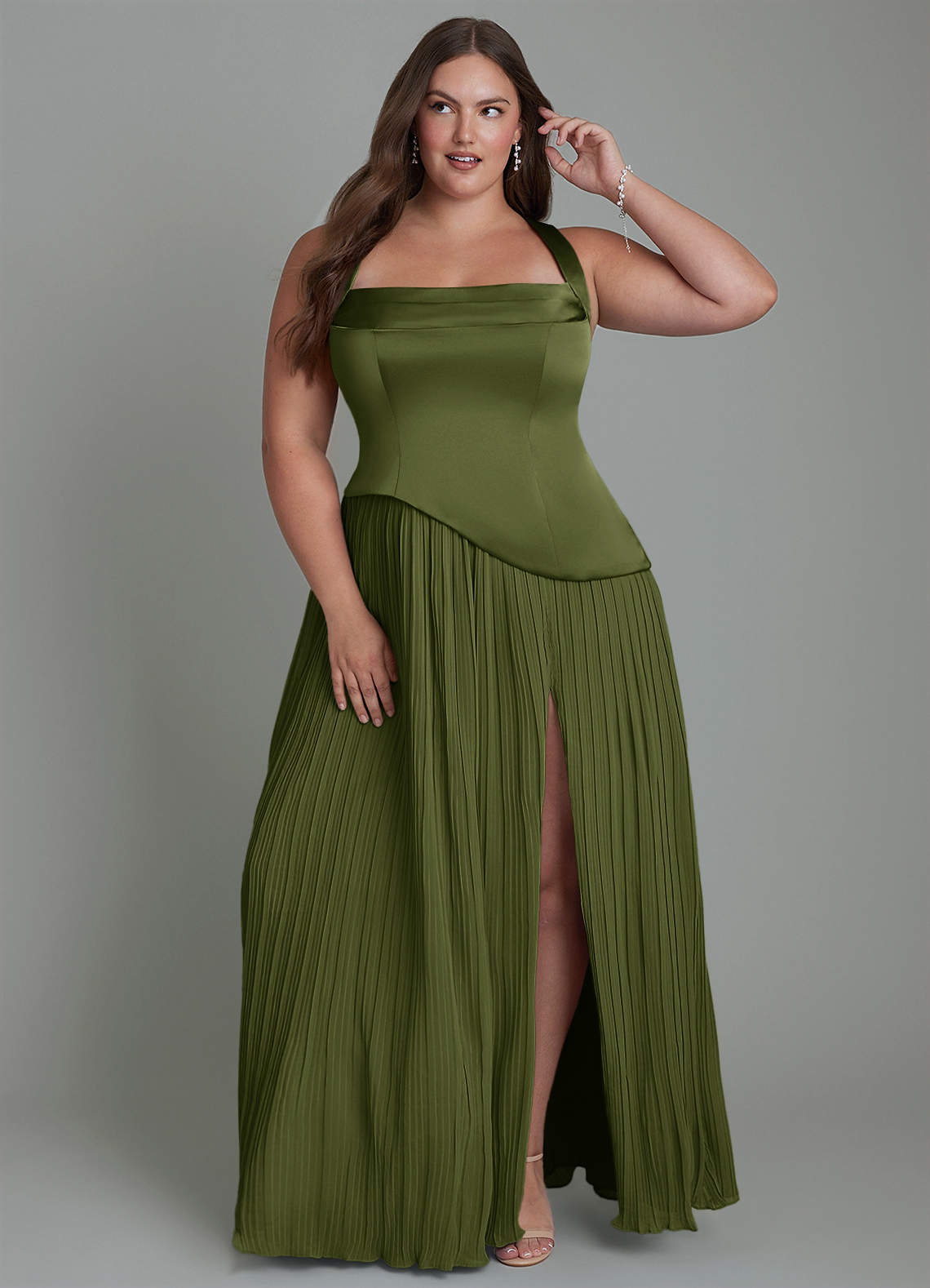 Azazie Stephanie Bridesmaid Dresses Olive A-Line Pleated Stretch Satin Dress image1
