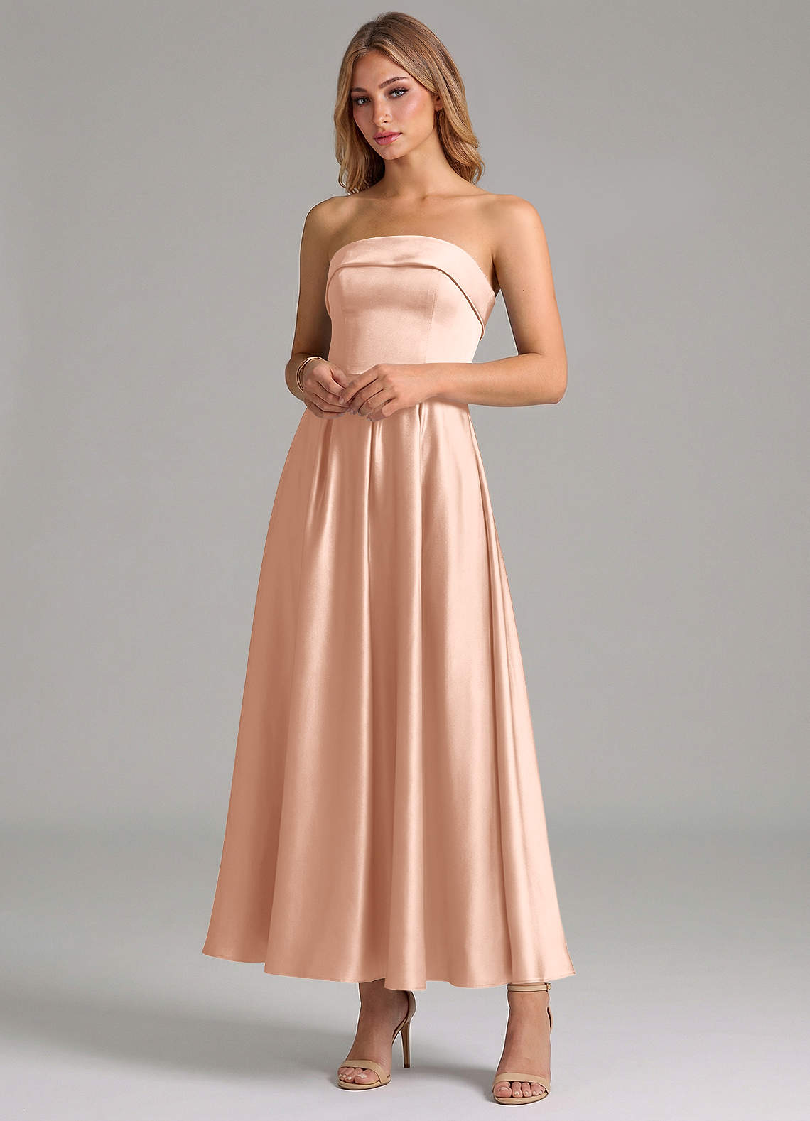 rose gold tea length dresses Azazie Lucienne Purple Gold