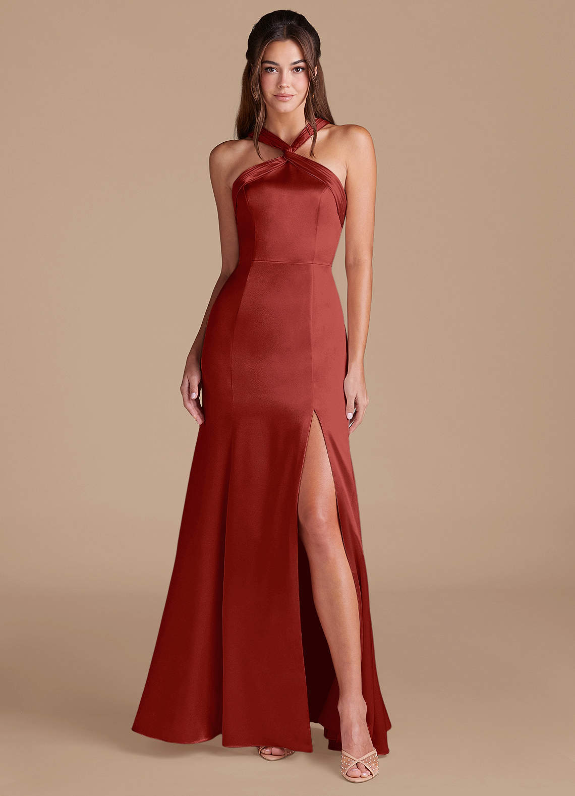 Azazie Rue Bridesmaid Dresses Rust Sheath Pleated Metallic Satin Dress image1