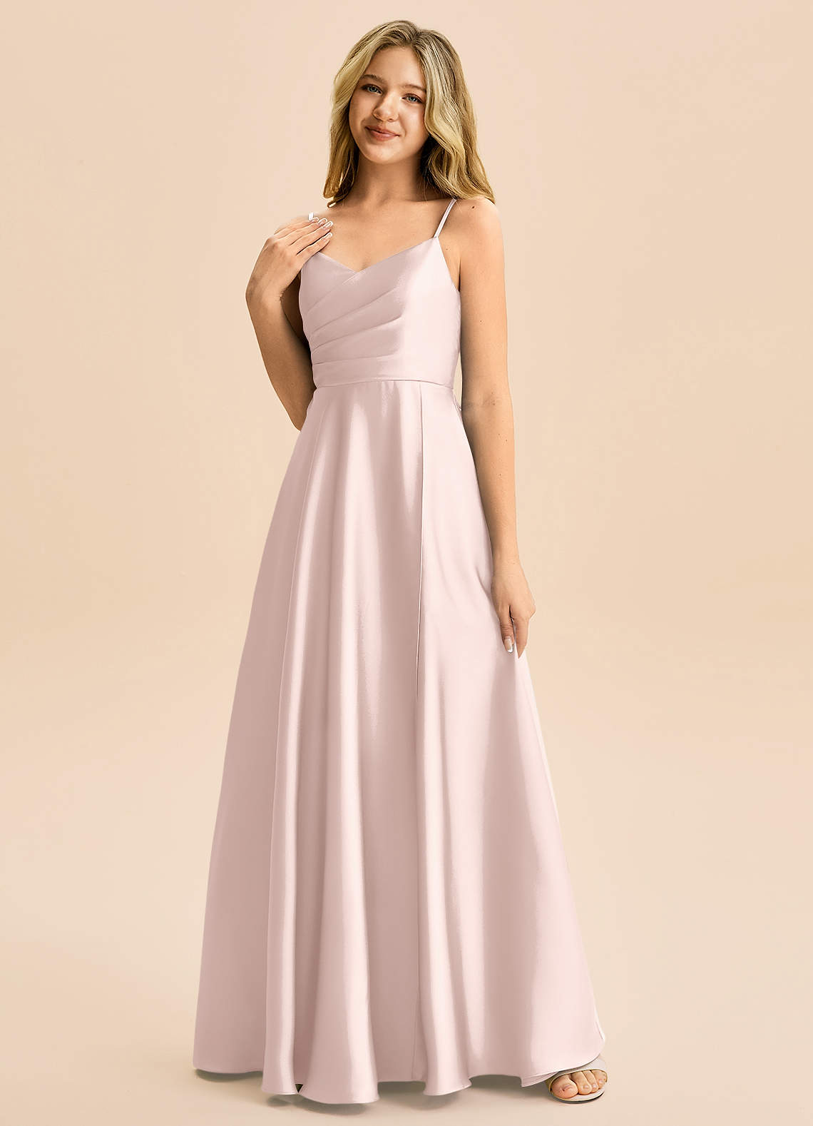 Azazie Rumi Junior Klä av A-Line i Stretch Satin Plisserad image2