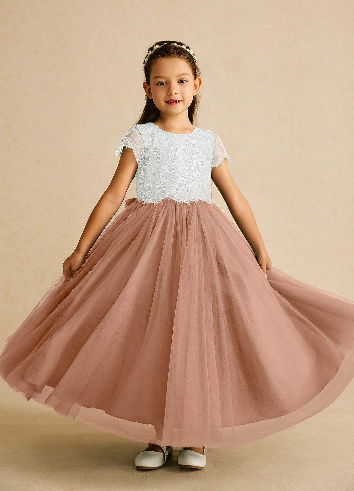 Azazie Bumblebee Flower Girl Dresses Ivory Champagne Rose A-Line Lace Tulle Dress image1