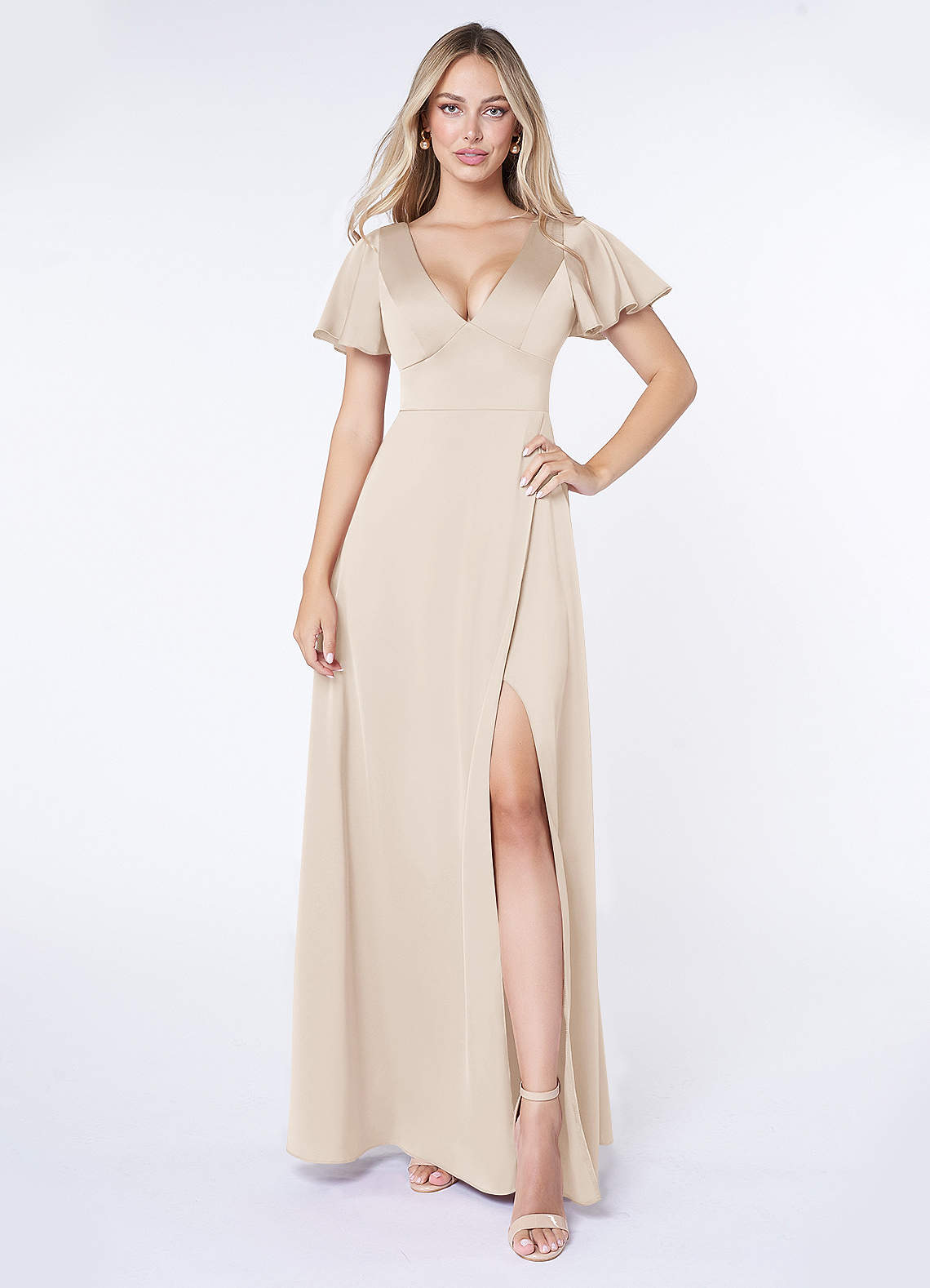 Azazie Lani Bridesmaid Dresses White Alabaster A-Line Flounce Sleeve Stretch Satin Dress image1