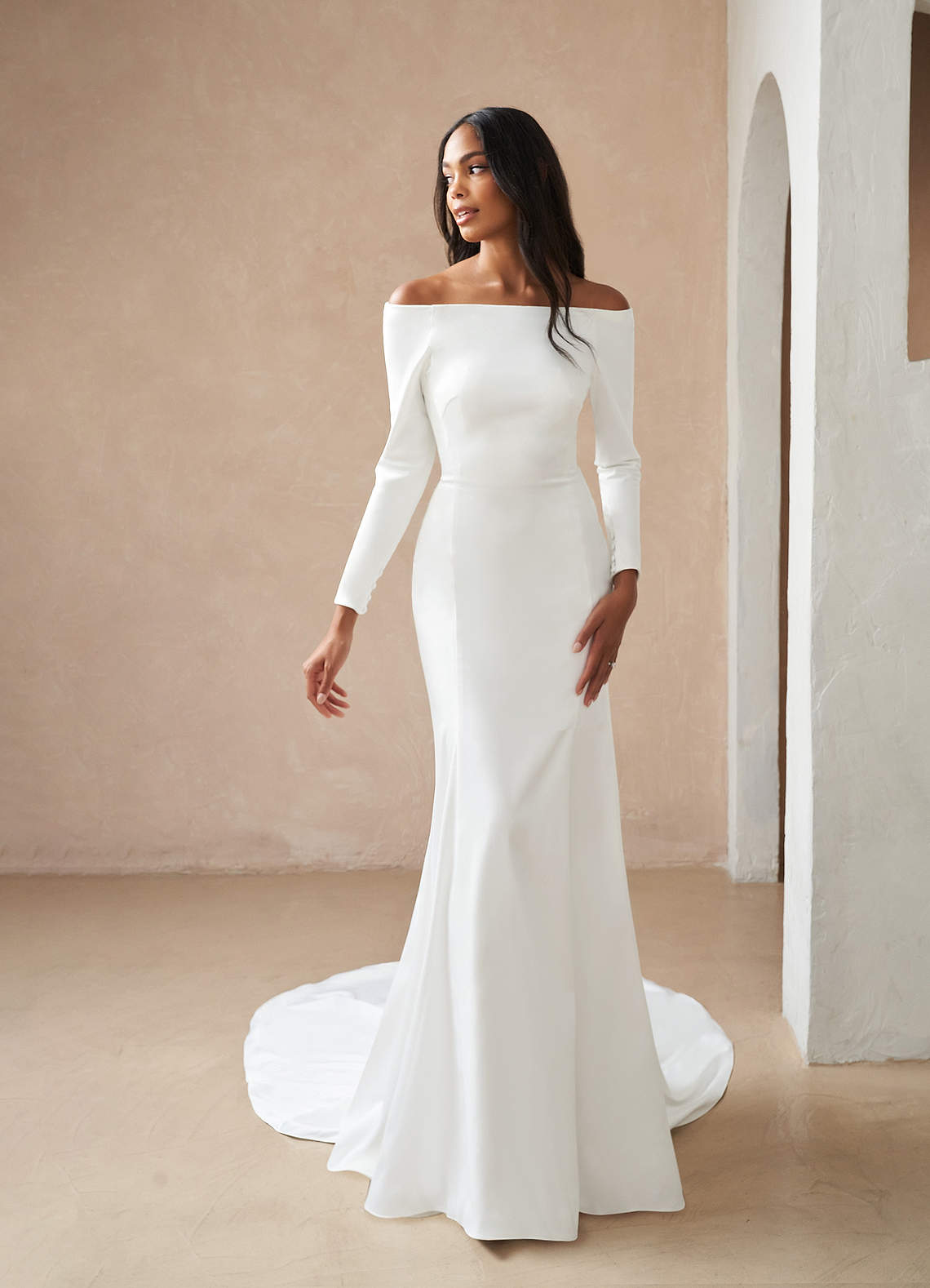 satin a line wedding dress with semi-cathedral length train