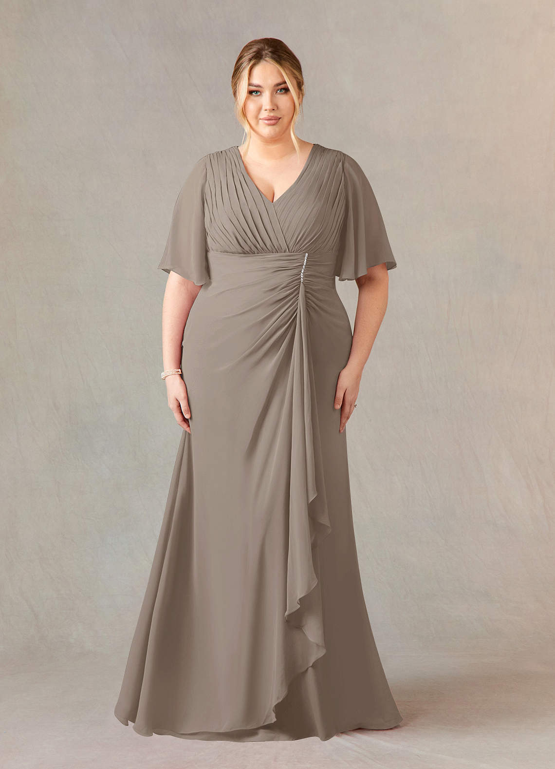 Azazie Carson Mother of the Bride Dresses Taupe A-Line V-Neck Lace Chiffon Dress image1
