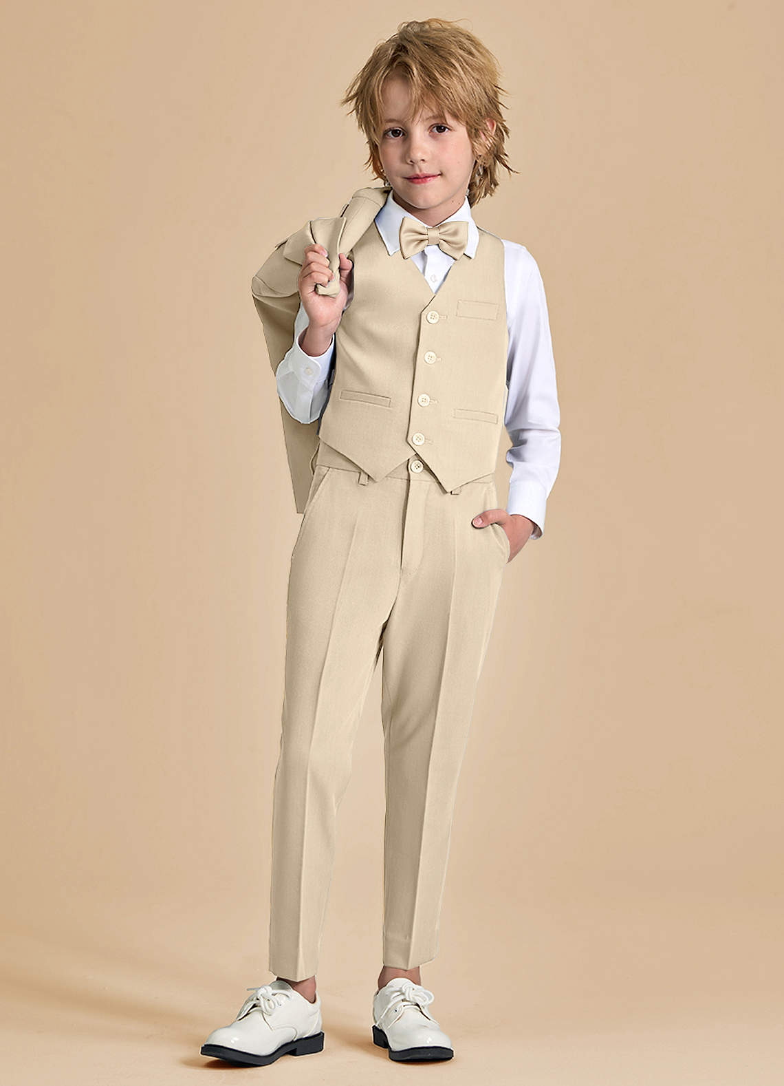 front Oliver Boys Tan 5-Piece Suit With Bow Tie