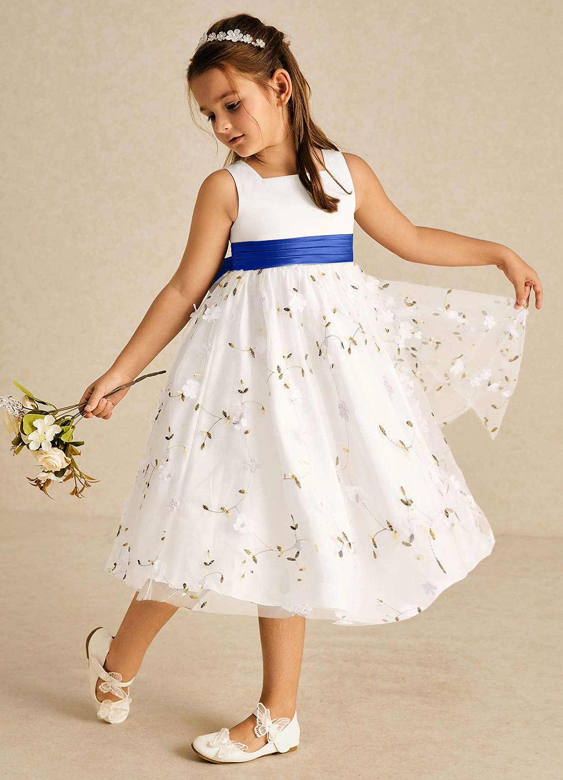 Azazie Pollie Flower Girl Dresses Ivory Royal Blue A-Line Bow Tulle Dress image1