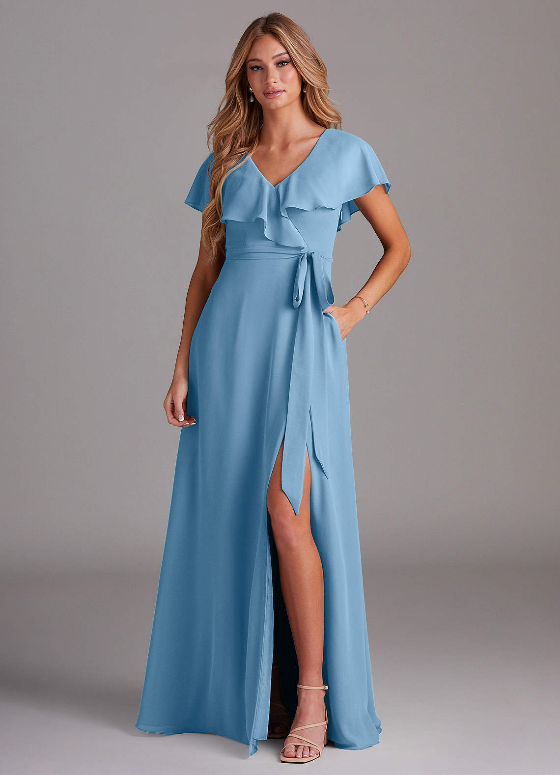 Azazie Lainey Brautjungfernkleider A-Linie mit Taschen Chiffon Kleid Stahlblau image1