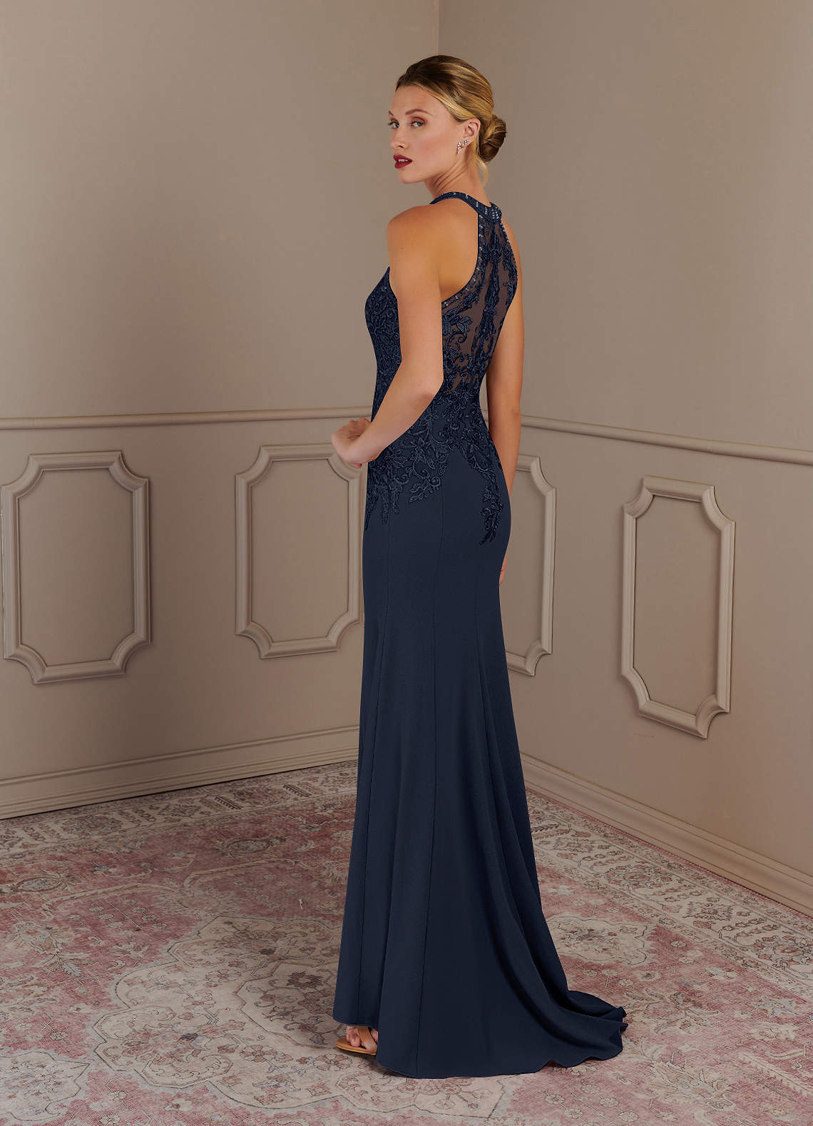 Azazie Tyra Mother of the Bride Dresses Dark Navy Mermaid Halter Lace Stretch Crepe Dress image2