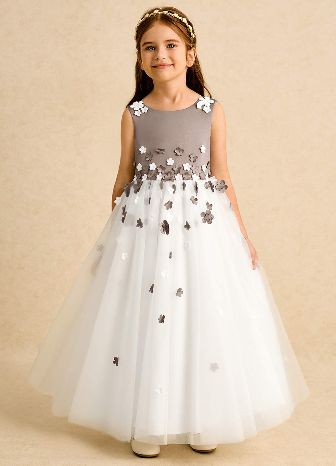 Azazie Eleni vestidos de niña de las flores Vestido de Marfil Taupe de Tul de Princesa con Lazo image1