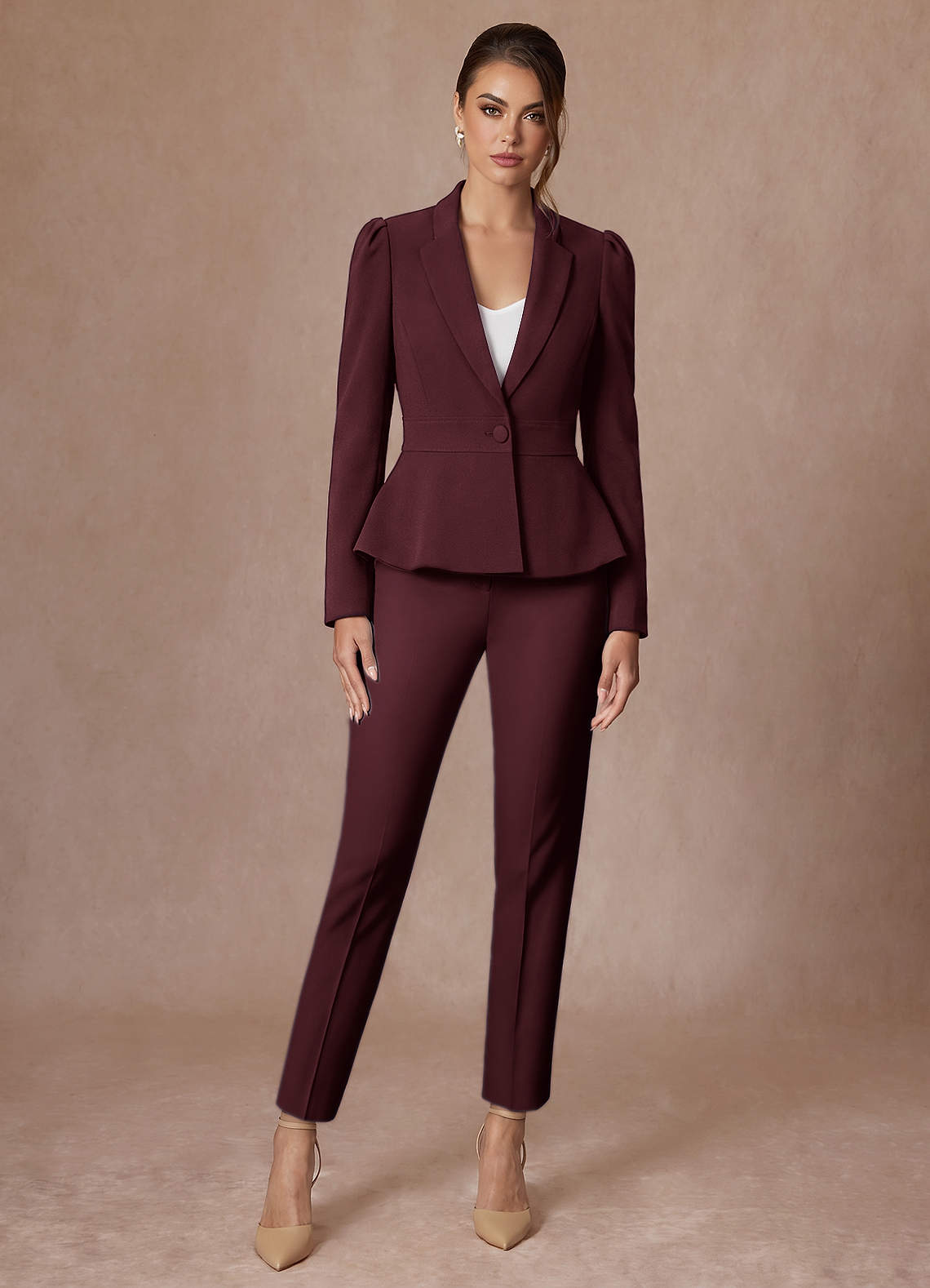front Amara Cabernet Refined Weave Tailored Peplum Pantsuit