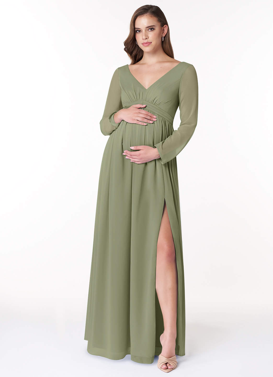 Azazie Teton Zwangerschaps Bruidsmeisjekleding A-Lijn Lange mouw Chiffon Vloerlengte Jurk image1