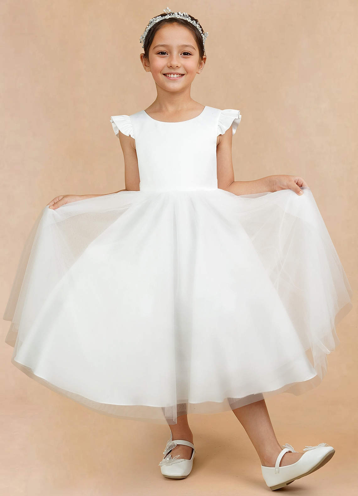 Azazie Hemi Flower Girl Dresses Ivory Dusty Rose A-Line Bow Tulle Dress image6