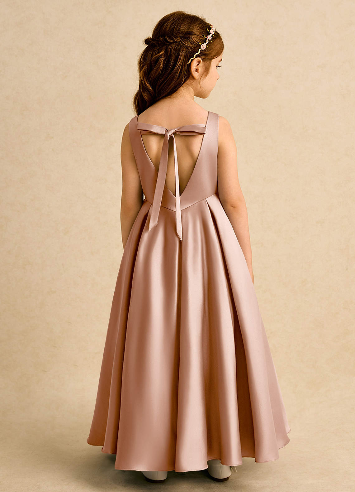 Azazie Pepper Flower Girl Dresses Champagne Rose A-Line Pleated Matte Satin Dress image1