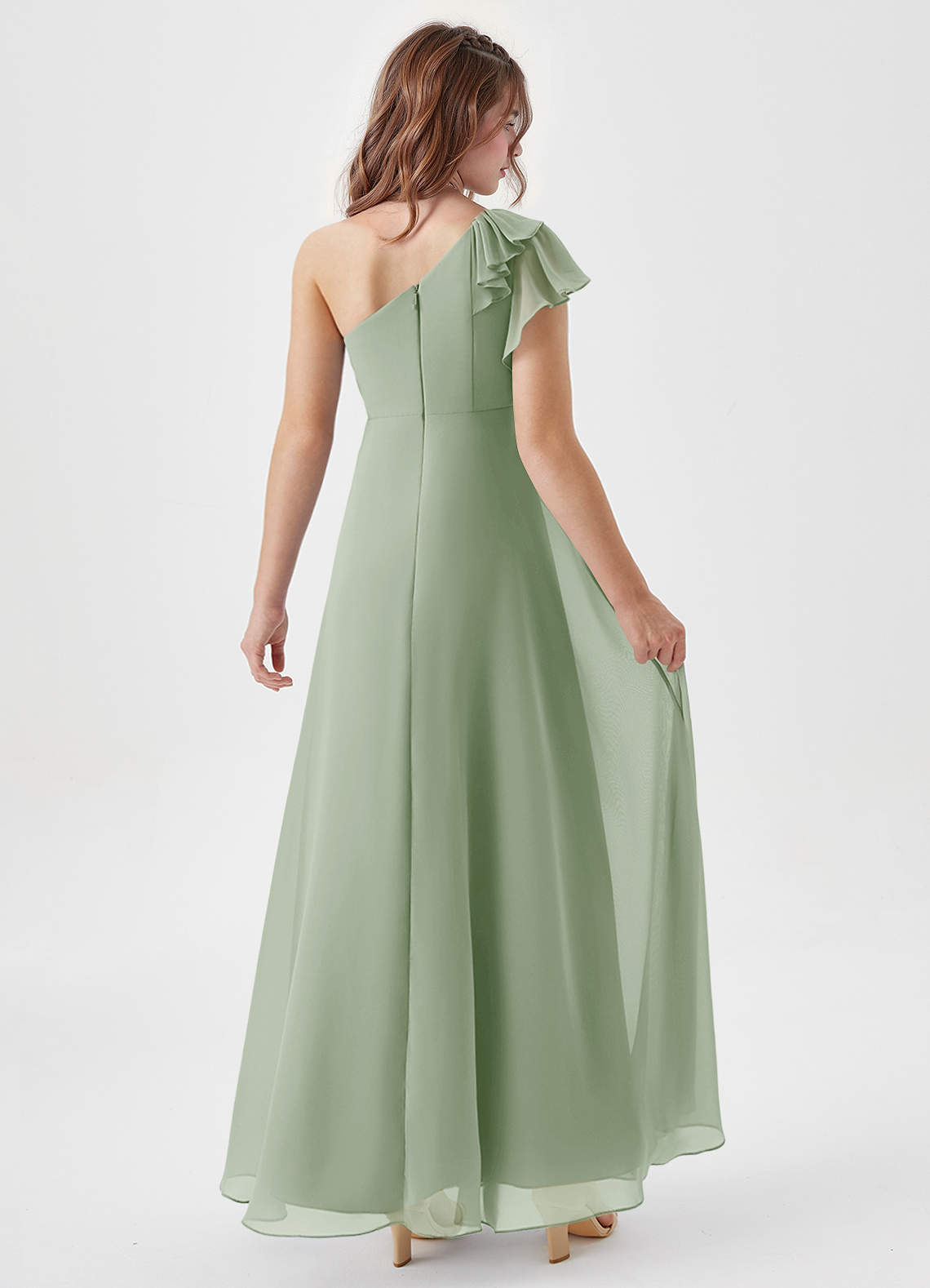 Azazie Arabella Junior Vestido de Salvia Polvorienta de Gasa de Corte en A con Volante image1