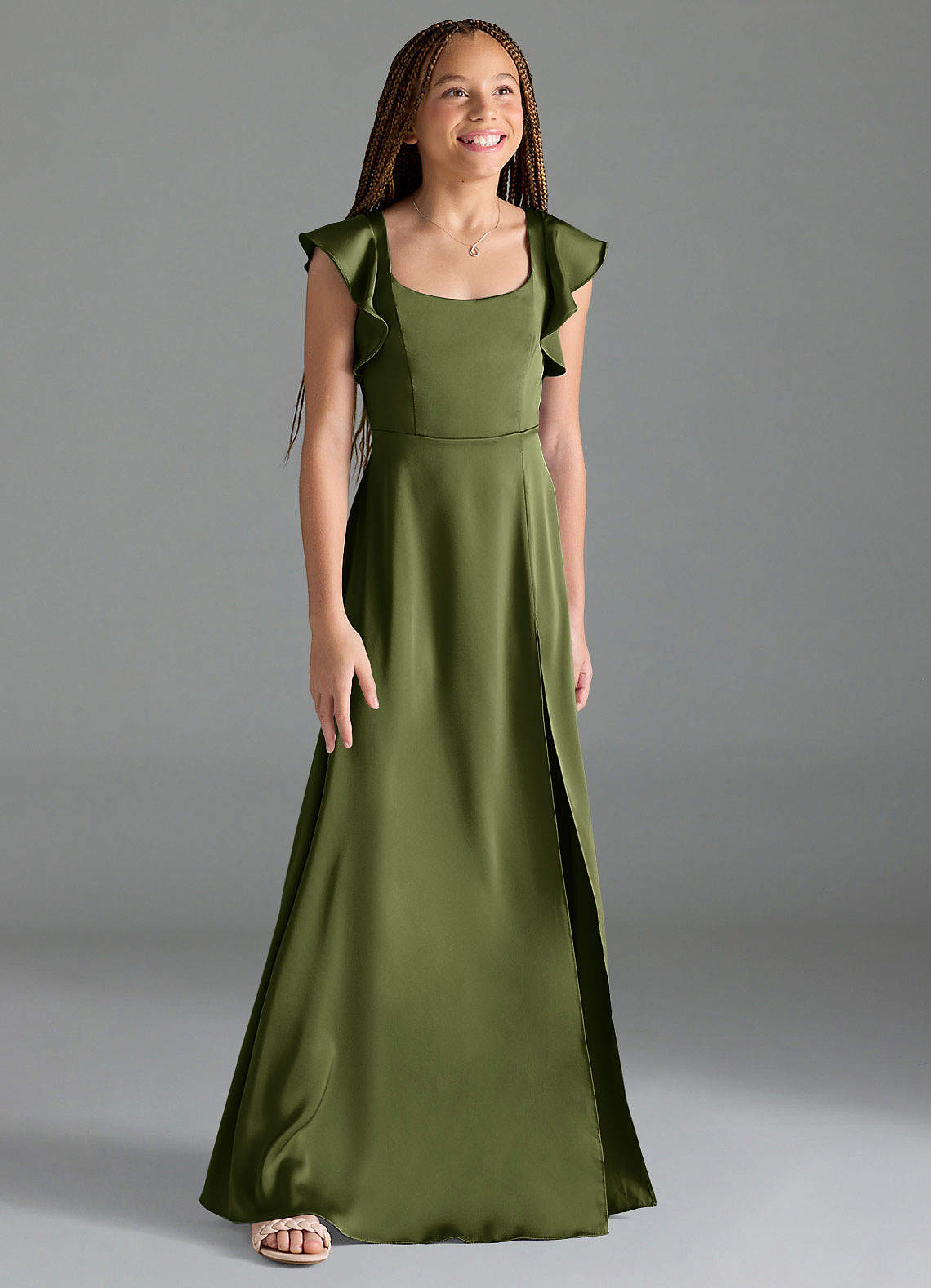 Azazie Bondi Junior Olive A-Line Side Slit Stretch Satin Dress image2