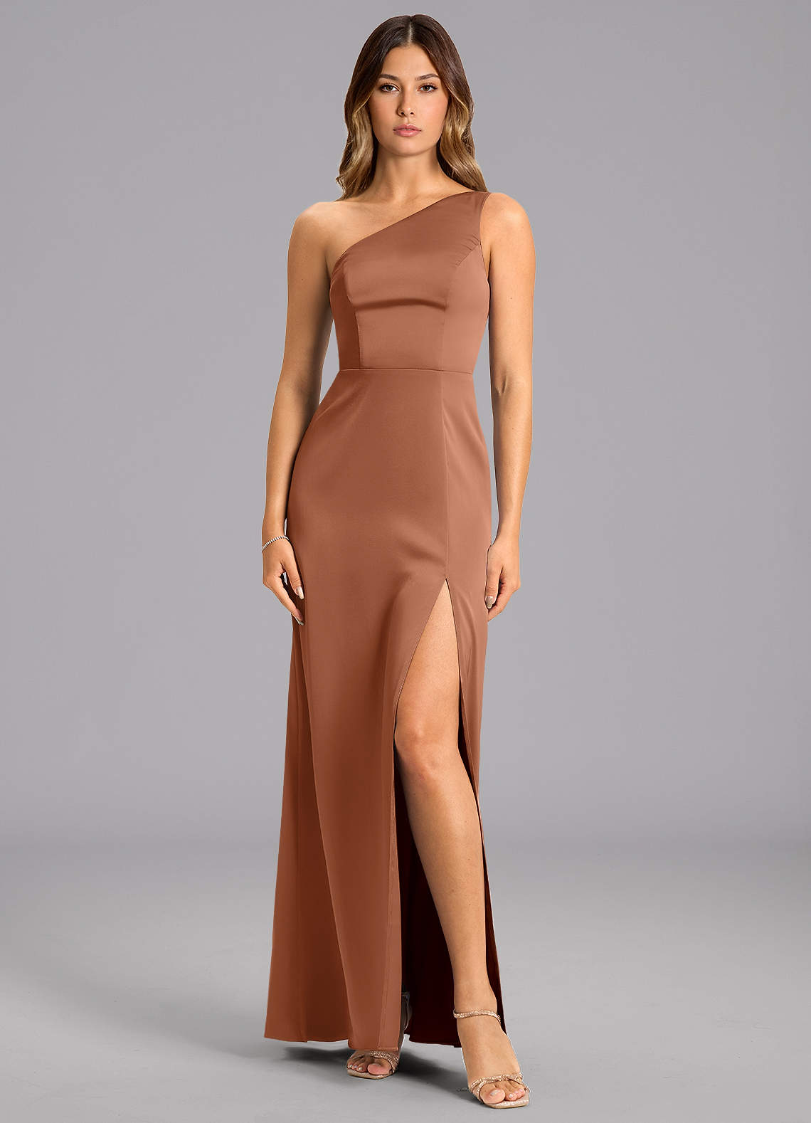 Azazie Phaedra Bridesmaid Dresses Bronzer A-Line One Shoulder Stretch Satin Dress image1