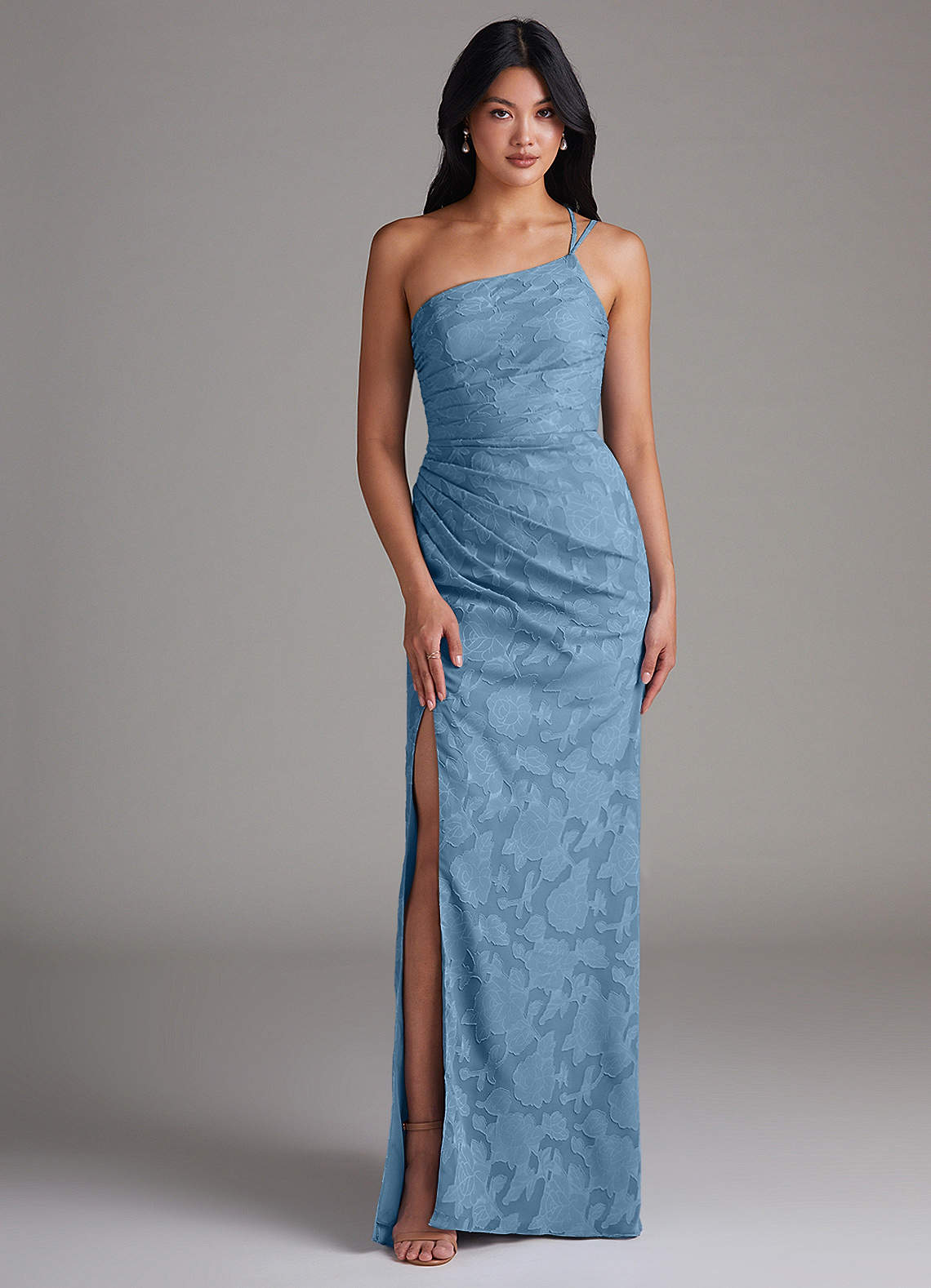 Azazie Eren Jurken voor bruidsmeisjes Jurk van Bloemen Burn-out met Kolom One-Shoulder Staal Blauw image1