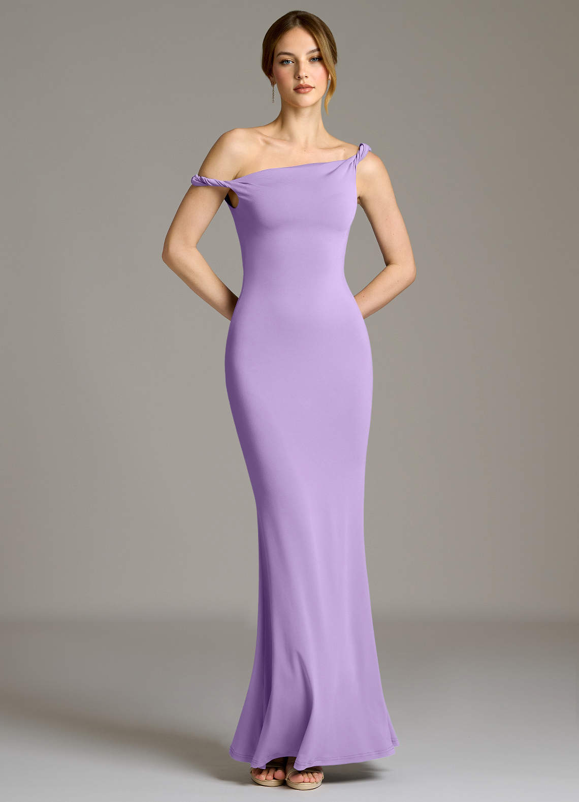 lilac jersey dress Azazie Mermaid Off The Shoulder Floor-Length Premium Stretch Jersey Bridesmaid Dresses