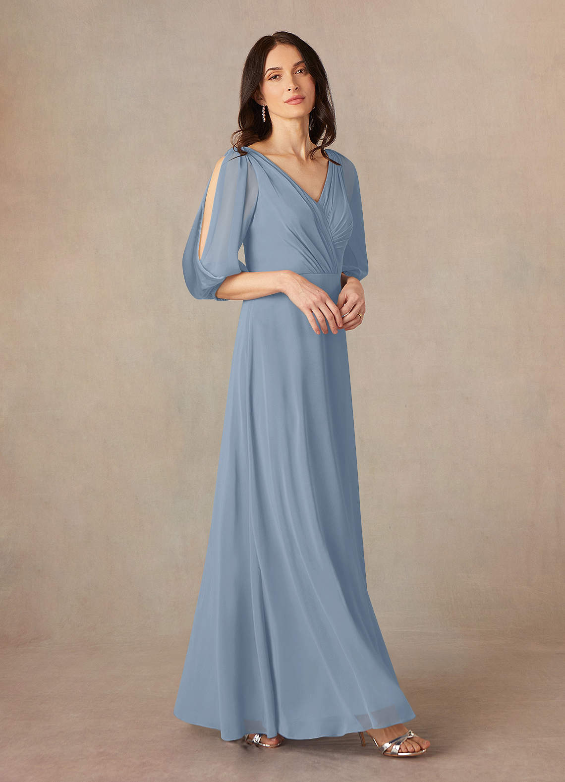 Azazie Bronwyn Mother of the Bride Dresses Dusty Blue A-Line V-Neck Ruched Chiffon Dress image1